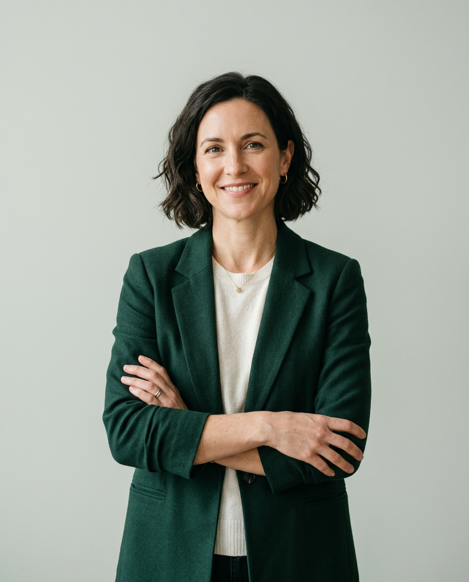 Advisor in an evergreen blazer smiling with arms crossed